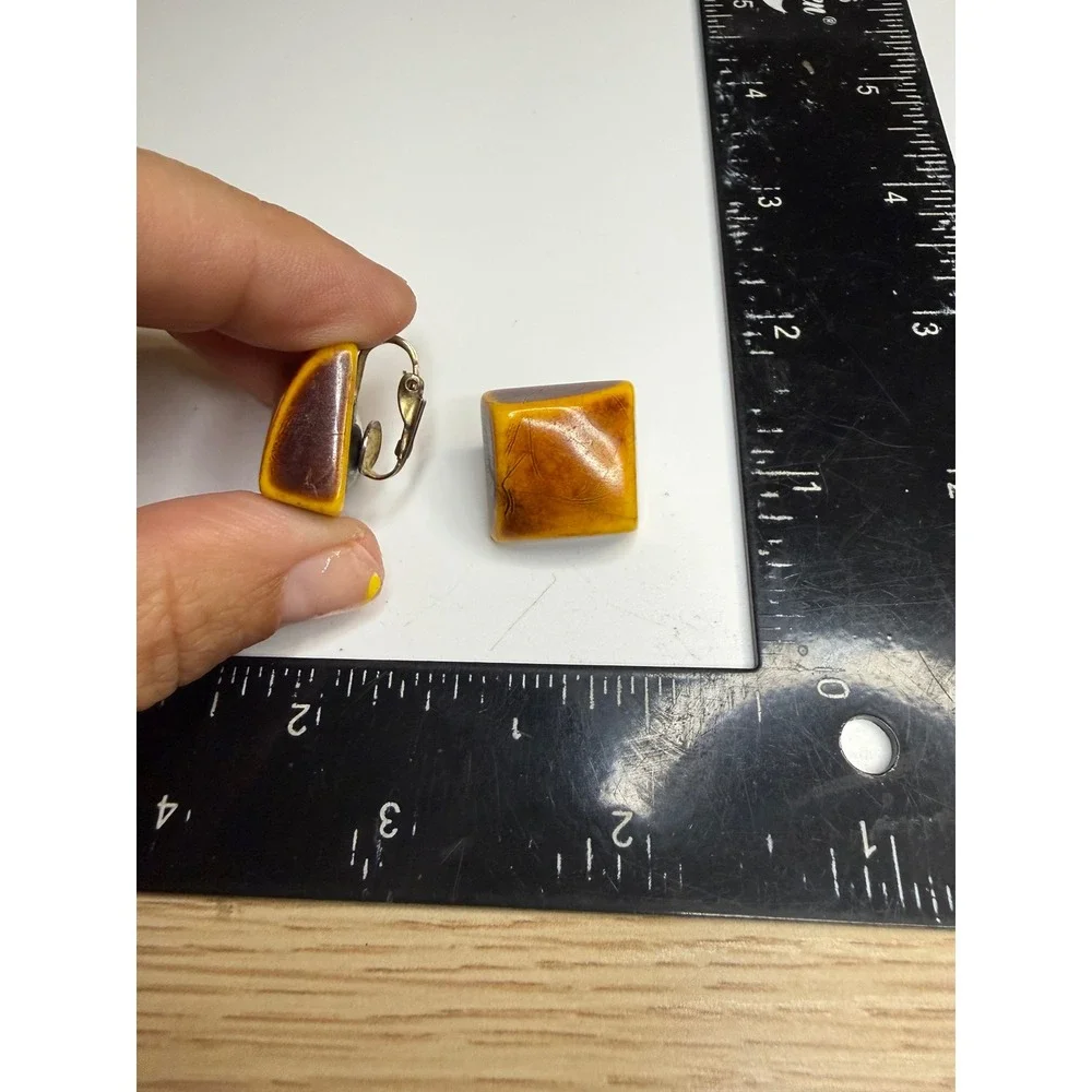 Vintage Marbled Butterscotch Amber Resin Square Clip On Earrings Mid Century